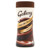 A 250g container of Galaxy Instant Hot Chocolate features a brown lid and swirled chocolate design on the label, with text stating "Just add water" for a smooth, delicious chocolate drink.
